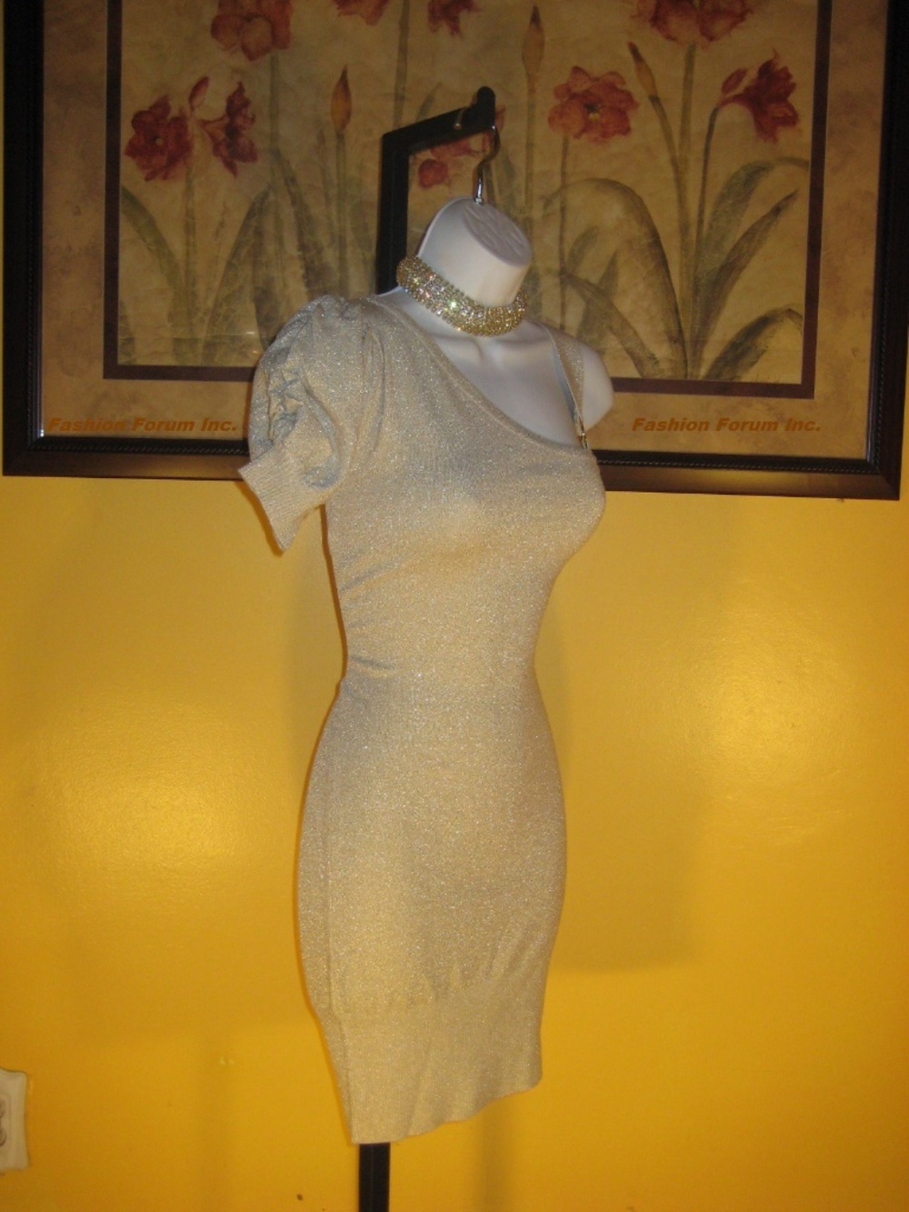 Arden B One-Shoulder Metallic Cream Knit Dress with Gold Ring